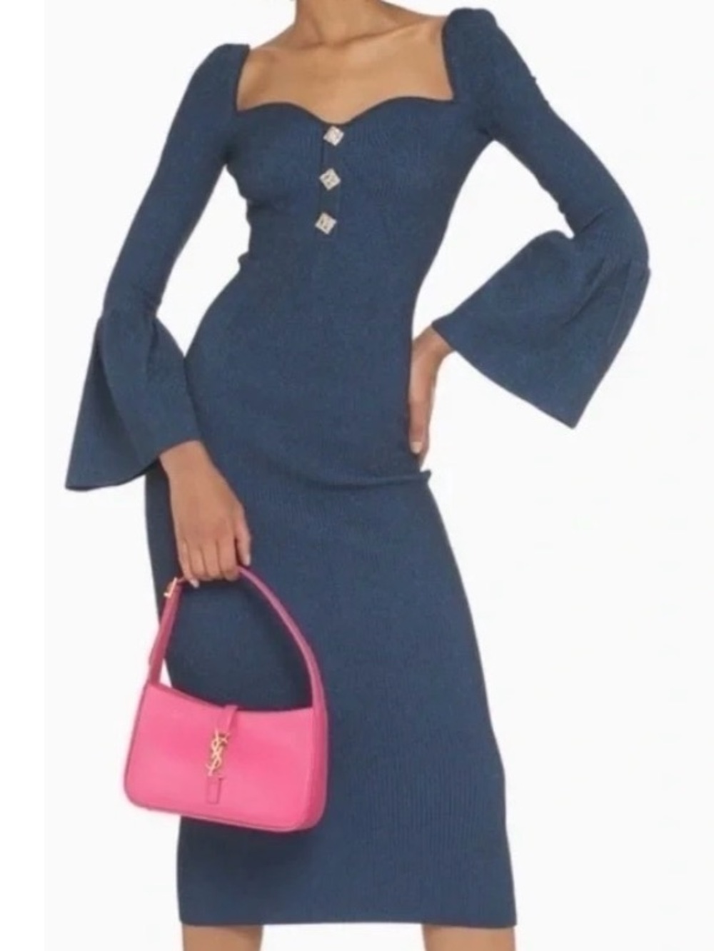 NWT Self-Portrait Flare sleeve Deep Blue Ribbed Dress
